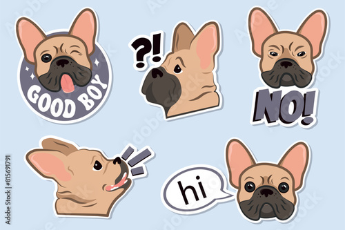 Set of stickers Funny mops in flat cartoon design. These lovely bright illustrations show the face of a cute pug dog showing different emotions in a modern style. Vector illustration.