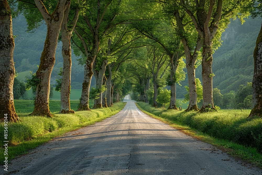 Obraz premium Poplar Tree Lined Road: Symmetrical rows of trees along a country road. 