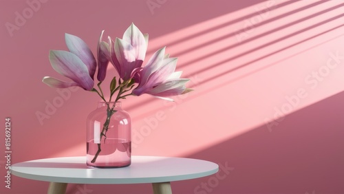 Pink Magnolia Elegance Sunlit Blossom in Glass Vase on White Table Against Pastel Pink Wall