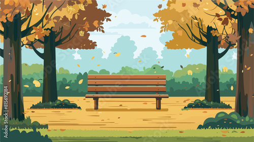Wooden bench under the trees in the park. Flat style