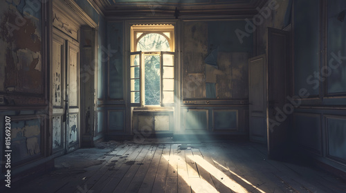 A beautiful room with shabby walls in an old abandoned house Abandoned haunted manor Ancient architecture and interiors : Generative AI