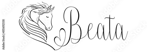 Beata - black color - name written - vector graphics with stylized horse with heart - for websites, greetings, banners, cards,tag, t-shirt, sweatshirt, prints, cricut, silhouette,