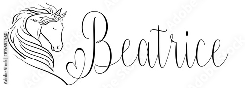 Beatrice - black color - name written - vector graphics with stylized horse with heart - for websites, greetings, banners, cards,tag, t-shirt, sweatshirt, prints, cricut, silhouette,