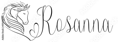 Rosanna - black color - name written - vector graphics with stylized horse with heart - for websites, greetings, banners, cards,tag, t-shirt, sweatshirt, prints, cricut, silhouette,