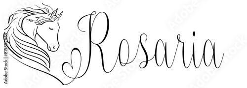 Rosaria - black color - name written - vector graphics with stylized horse with heart - for websites, greetings, banners, cards,tag, t-shirt, sweatshirt, prints, cricut, silhouette,
