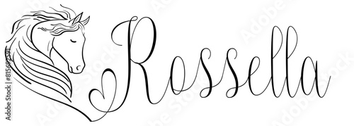 Rossella - black color - name written - vector graphics with stylized horse with heart - for websites, greetings, banners, cards,tag, t-shirt, sweatshirt, prints, cricut, silhouette,