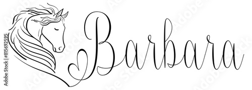 Barbara - black color - name written - vector graphics with stylized horse with heart - for websites, greetings, banners, cards,tag, t-shirt, sweatshirt, prints, cricut, silhouette,