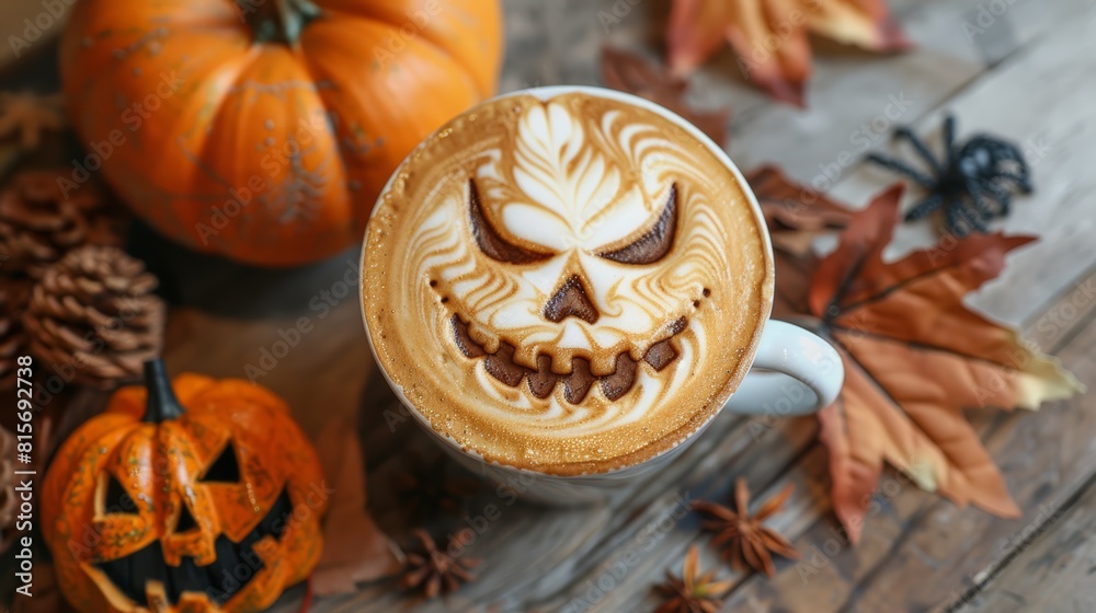 Cup of latte coffee with halloween face shape art on foam and halloween pumpkin decoration on wooden background , top view Cup of latte coffee with halloween face shape art on foam and halloween pumpkin decoration on wooden background , top view