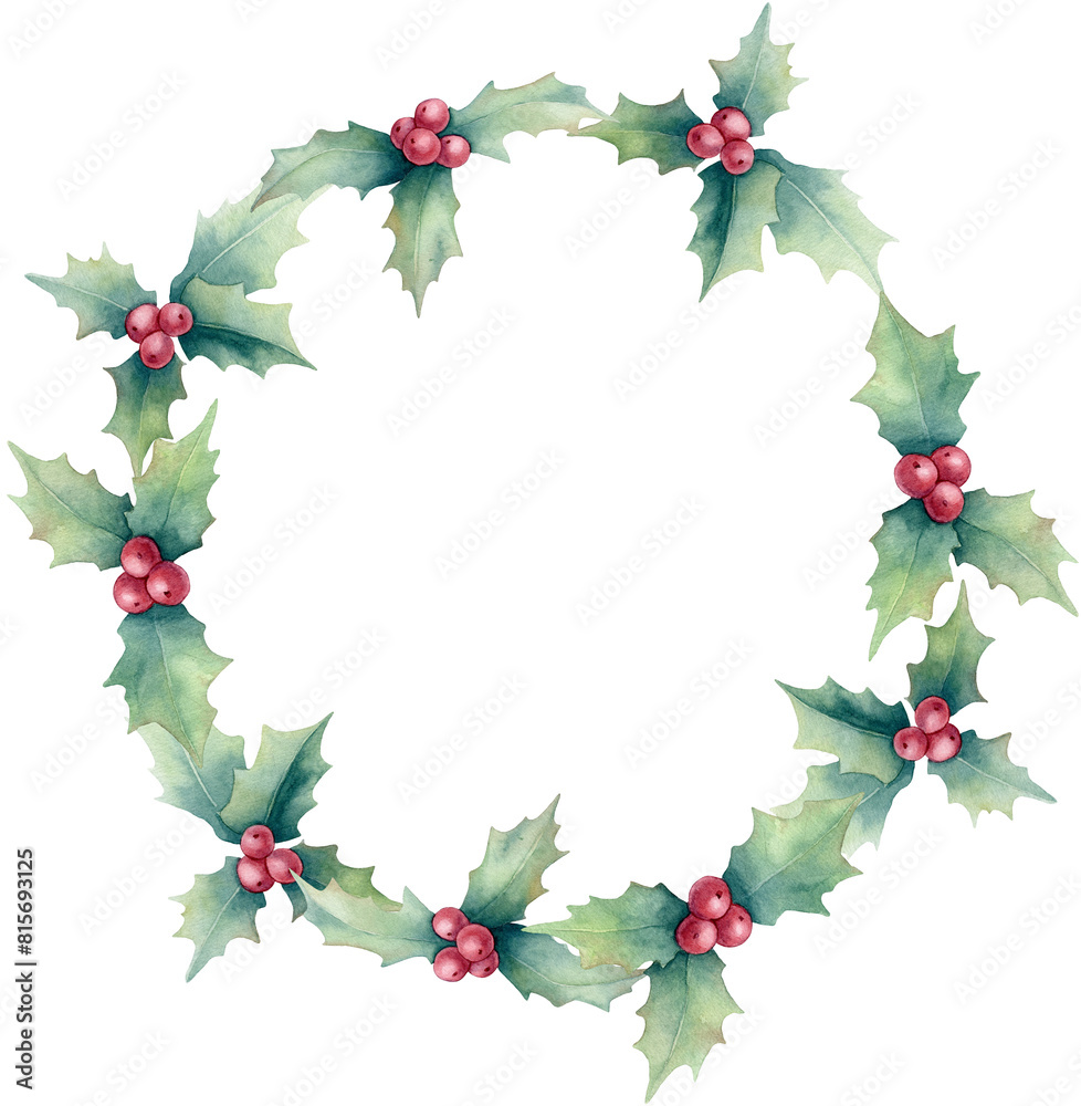 Watercolor Christmas wreath with Holly berries. Hand painted holiday card isolated on white background. Winter holiday symbols. Watercolor Christmas wreath with Holly berries. Hand painted holiday card isolated on white background. Winter holiday symbols.