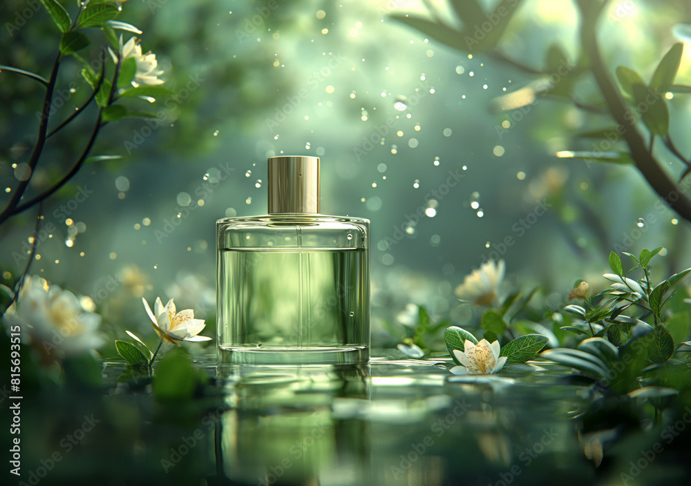 Green perfume bottle in a natural setting Green perfume bottle in a natural setting