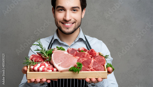 pieces of selected fresh meat are in the hands of the working staff. Fresh meat and vegetables Juicy steak with vegetables. Correct and balanced diet.   