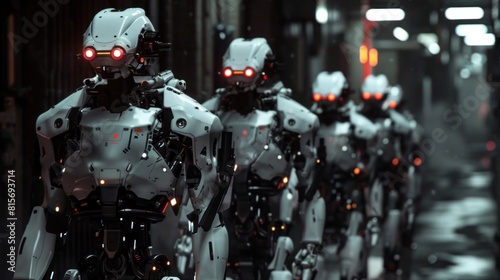 Teams of robots army walk the aisles carrying modern high-tech cyber machine guns. AI generated