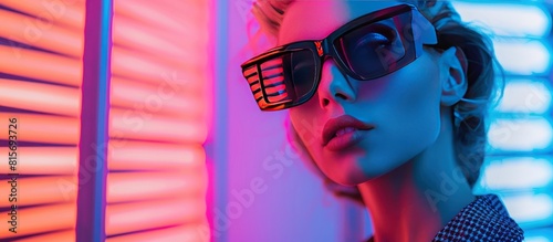 A stylish woman wearing digital glasses poses at a neon digital light panel. AI generated image photo