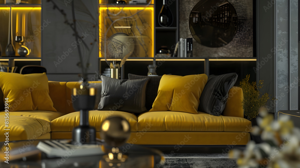 Luxurious and elegant living room with slate and dark yellow tones : Generative AI