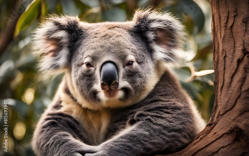 Sleepy koala in a eucalyptus tree