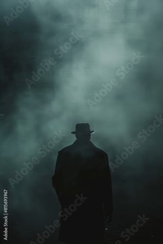 Silhouette of a man in a hat and coat standing in dense fog, mysterious and eerie atmosphere, concept of hidden and elusive nature of a fugitive. Fugitive man, escape