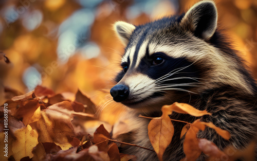 Sly raccoon peeking through autumn leaves