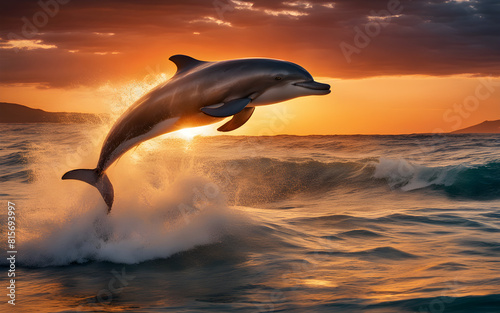 Dolphin jumping over ocean waves at sunset