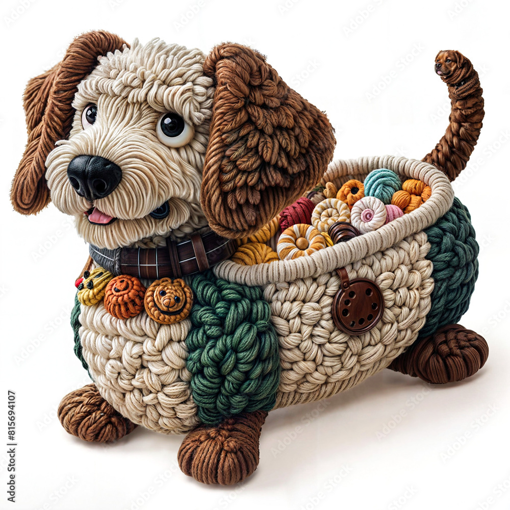 Obraz premium A Mischievous Yarn Masterpiece: Multicolored Crocheted Canine Holds Sweet Surprise&nbsp;