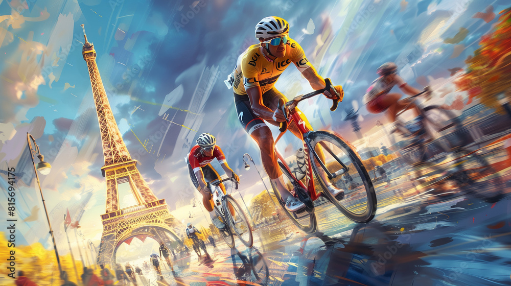 Obraz premium Cyclist racing with the Eiffel Tower in the background