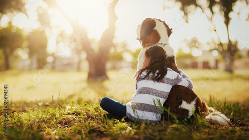 Foto Hug, dog and girl child in outdoor park for affection, friendship or cuddle pet in nature