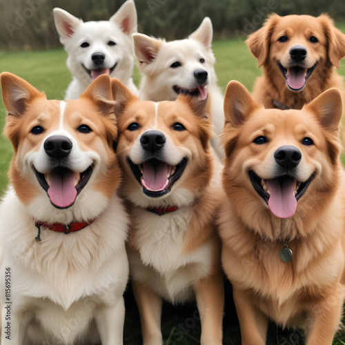 Szczęśliwe biszkoptowe psy rasy Golden Retriver oraz kundelki podczas spaceru na podwórku photo