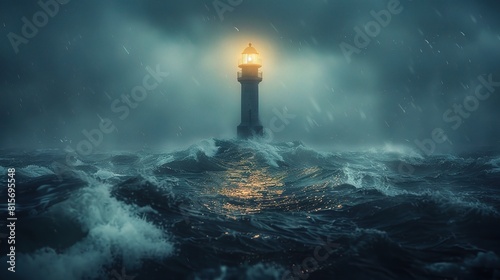Dramatic storm clouds gather over the churning ocean, with a lone lighthouse standing guard on the dark coast