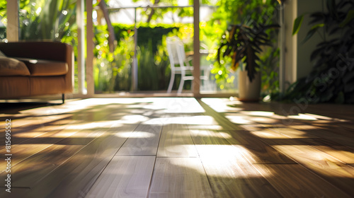 internal view of a modern living room with wood flooring overlooking on the garden : Generative AI