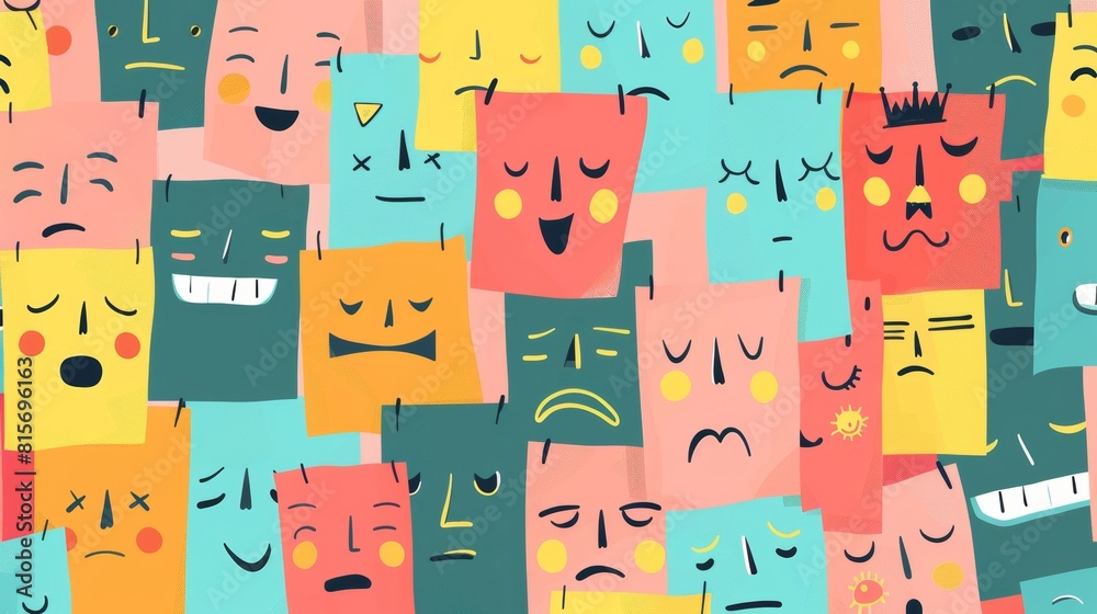 The sadness of people is concealed by smiling masks that express positive and happy emotions. Linear flat modern illustration depicting the concept of hiding one's personality or individuality, The sadness of people is concealed by smiling masks that express positive and happy emotions. Linear flat modern illustration depicting the concept of hiding one's personality or individuality,