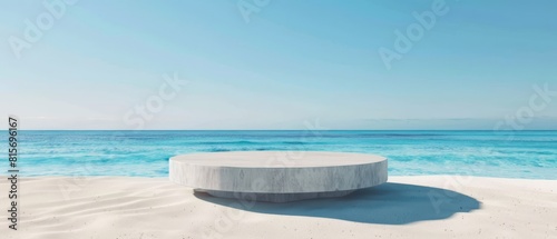 Minimalist beach pedestal on sandy island platform for product presentation  blue sea horizon 