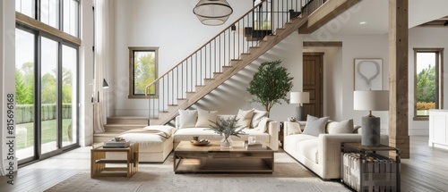 Fototapeta Naklejka Na Ścianę i Meble -  Luxurious modern farmhouse living room with an elegant wooden staircase and sophisticated furnishings,