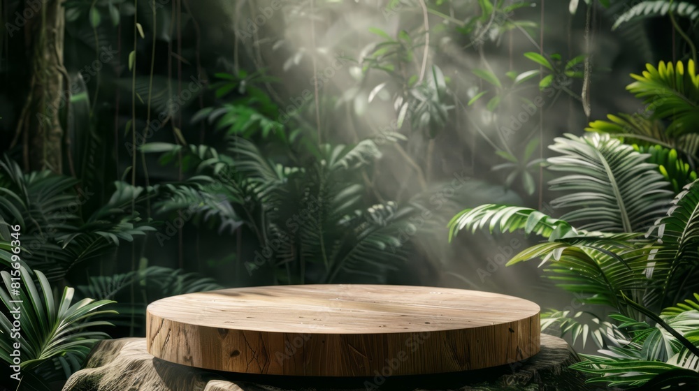 Modern wooden podium in a dense jungle studio environment, designed for highlighting organic beauty products, Modern wooden podium in a dense jungle studio environment, designed for highlighting organic beauty products,