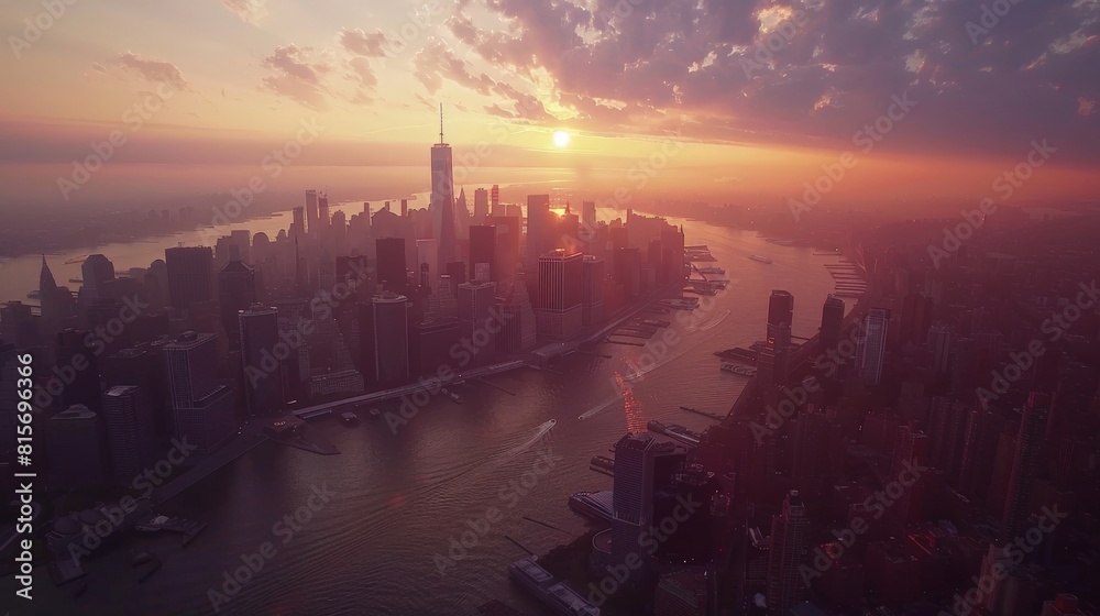 Fototapeta premium Aerial shot of a city skyline awakening to the glow of the rising sun
