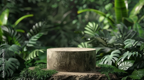 Mockup pedestal in a 3D forest setting with lush greenery  ideal for displaying botanical skincare products 