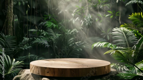 Modern wooden podium in a dense jungle studio environment  designed for highlighting organic beauty products 