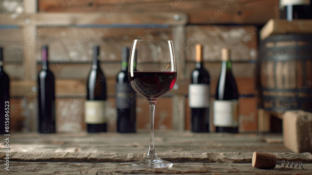 Red wine in a glass with wine bottles arranged on a weathered wooden backdrop