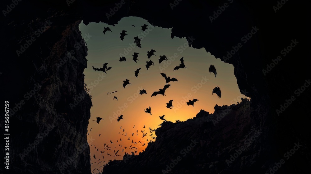 Obraz premium Bats emerging dramatically from a cave entrance at dusk, silhouetted against the twilight sky