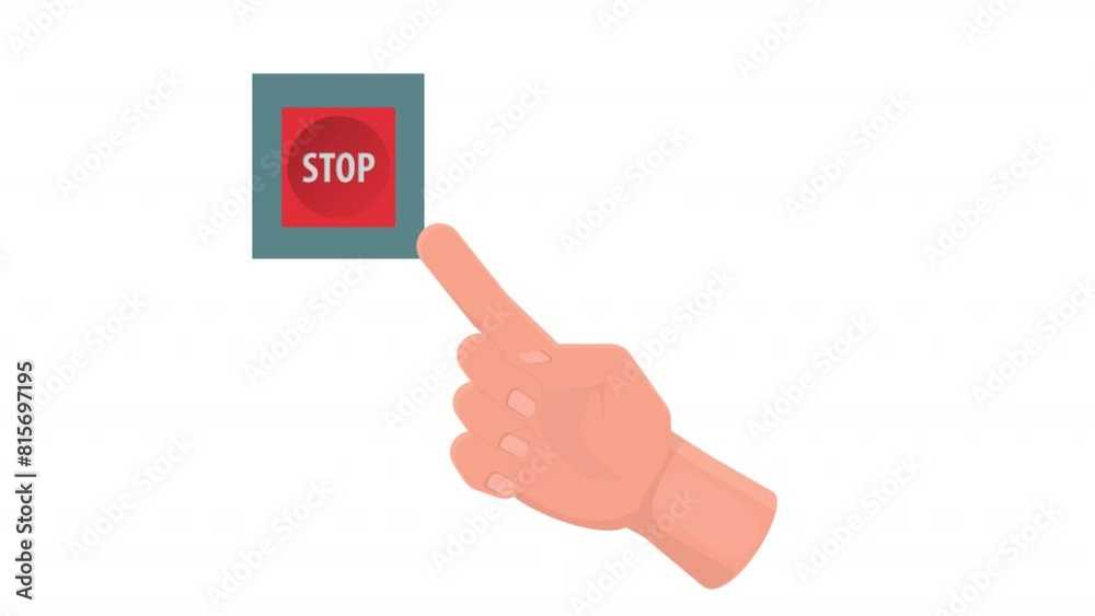 Stop button. Animation of the hand pressing the stop button, alpha channel. Cartoon Stop button. Animation of the hand pressing the stop button, alpha channel. Cartoon
