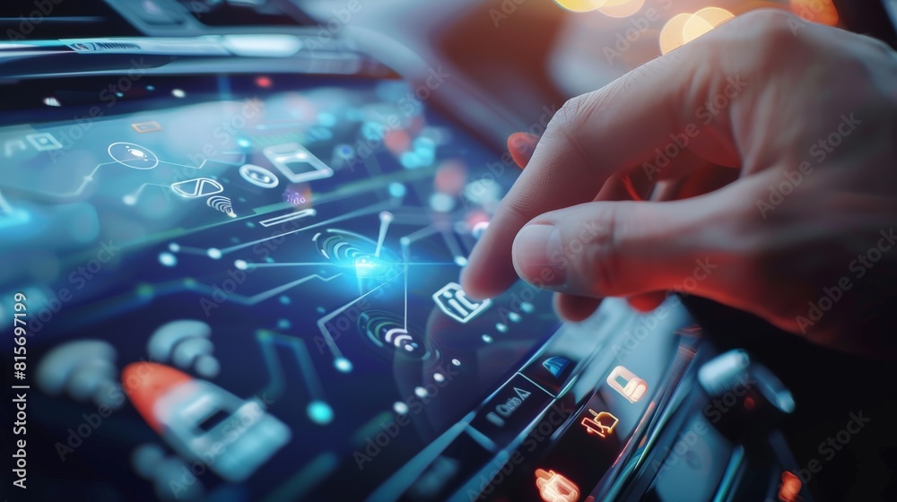 Close-up of hand interacting with smart car's touchscreen, IoT icons in focus Close-up of hand interacting with smart car's touchscreen, IoT icons in focus