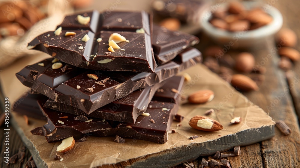 Delectable dark chocolate pieces with crunchy almonds scattered on rich brown Delectable dark chocolate pieces with crunchy almonds scattered on rich brown
