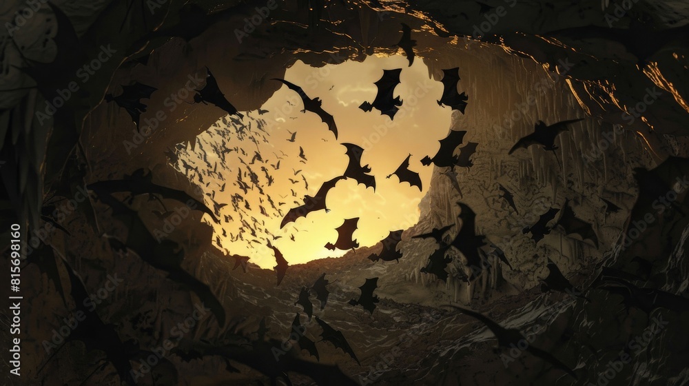 Dusk view of bats pouring out of a cave, their silhouettes stark against the fading light