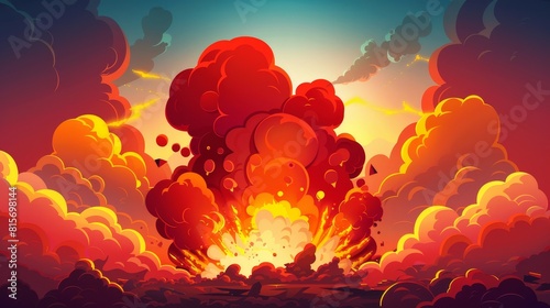 An atomic war modern web banner with explosions of dynamite and fire against a fire background. Cartoon explosion clouds over burned land. Boom effect with smoke, Ui design with explosions of photo