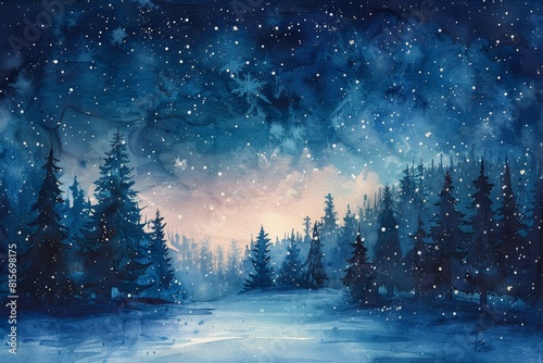 Whimsical watercolor depiction of a Christmas treeladen magical forest under a starry winter sky, perfect for seasonal decor © ธนพัฒน์ เลิศสุนทรธรร