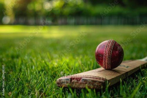 An old wooden cricket bat with a cricket ball resting on top, set against the background of a lush green cricket ground. photo
