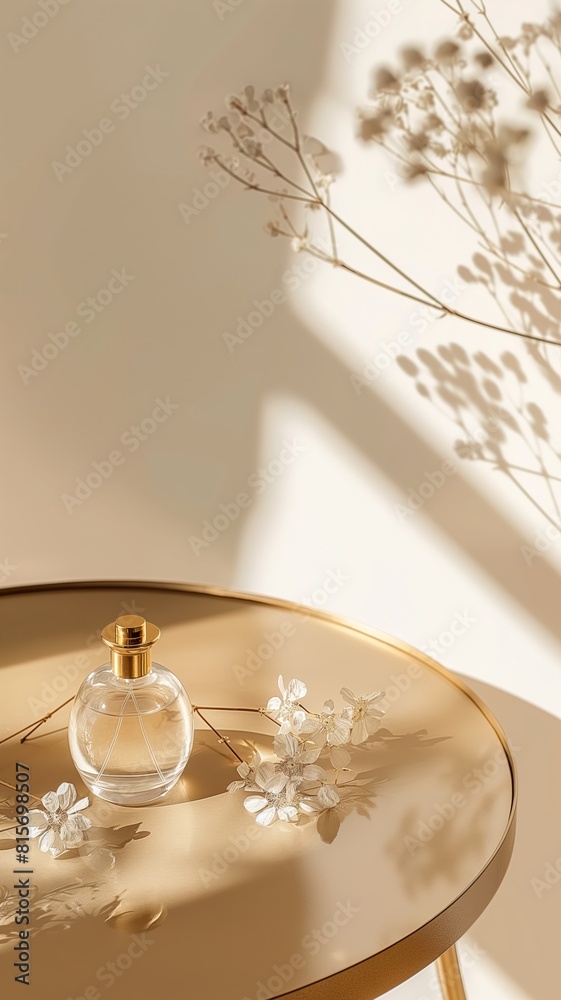 Perfume with soft shadows on a golden surface