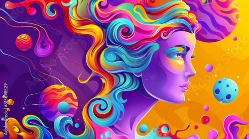 This is a psychedelic art exhibition banner featuring trendy acid design of Greek sculpture. It features a girl statue with a planet  eyes  and mushrooms. The background features paint splashes.