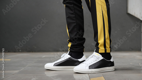 A person is wearing white sneakers with yellow soles, black pants with yellow stripes down the side of the legs. © Haji