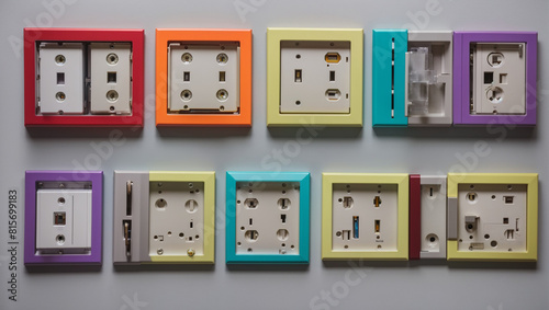 There are nine colorful empty cassette tape cases arranged in a grid on a gray wall.