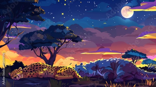 African animals sleeping at night on a savannah landscape under a dark night sky under the starry sky, jungle inhabitants are sleeping, Modern illustration.