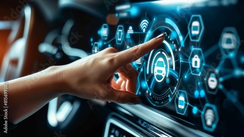 Exploring IoT in automobiles: Hand pointing at smart car interface, icons emerging